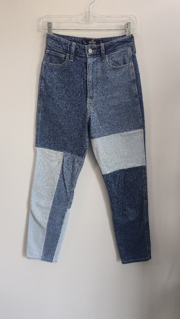 Hollister Ultra High-Rise Mom Jean Womens Size 0 24x27 Patchwork Blue Denim